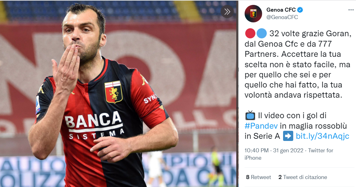 Genoa, il saluto a Pandev: "Accettare la tua scelta non è stato facile"