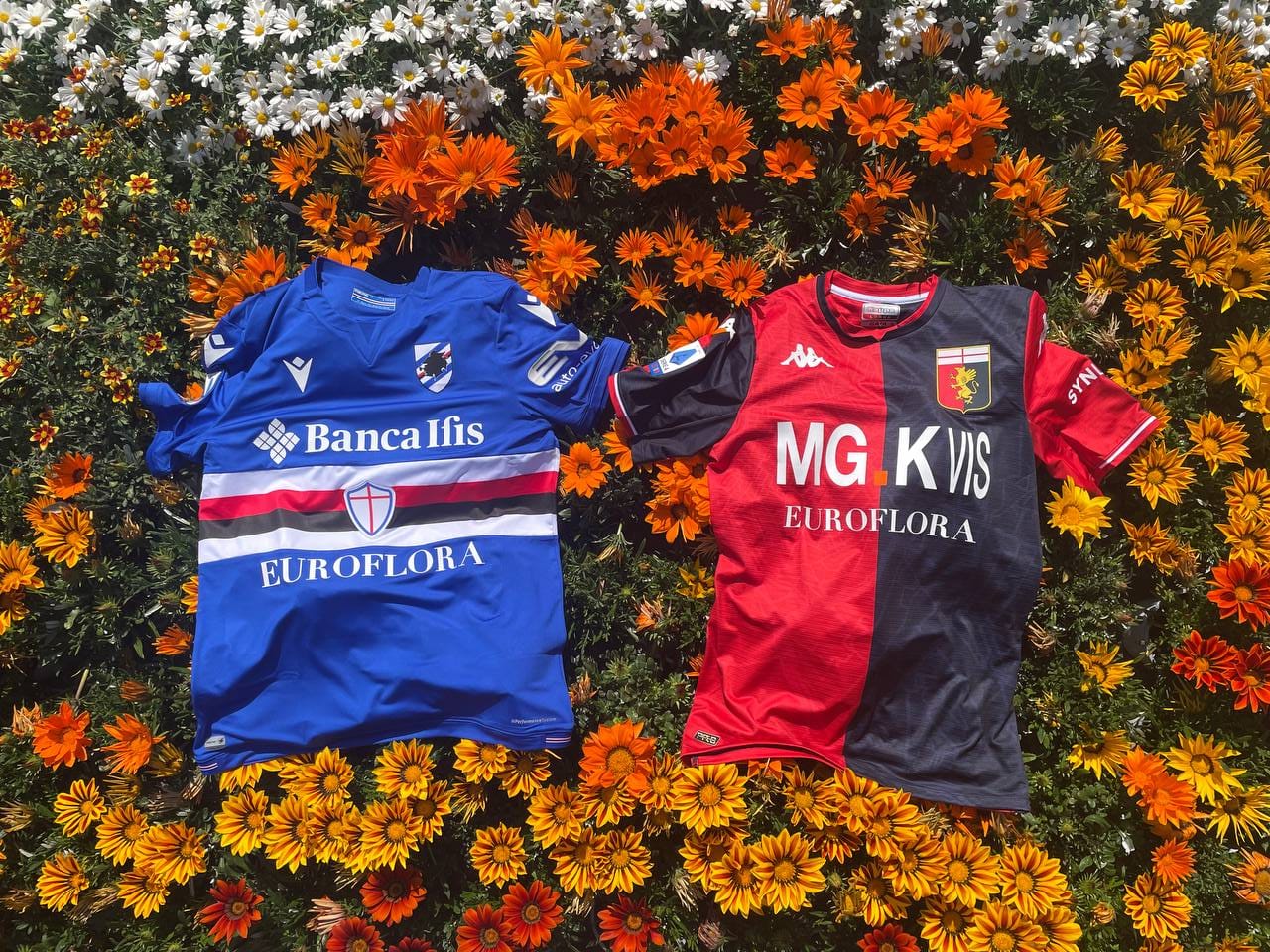 Derby di Genova, i colori di Euroflora sulle maglie di Genoa e Sampdoria