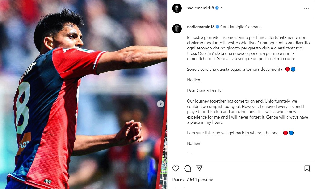 Genoa, addio social per Amiri: "Avrete sempre un posto speciale nel mio cuore"