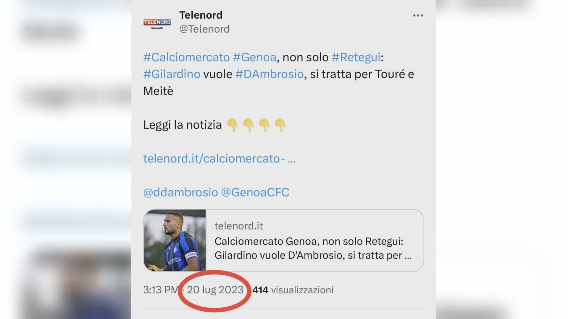 Genoa su D'Ambrosio, a un passo dalla chiusura. La trattativa svelata da Telenord