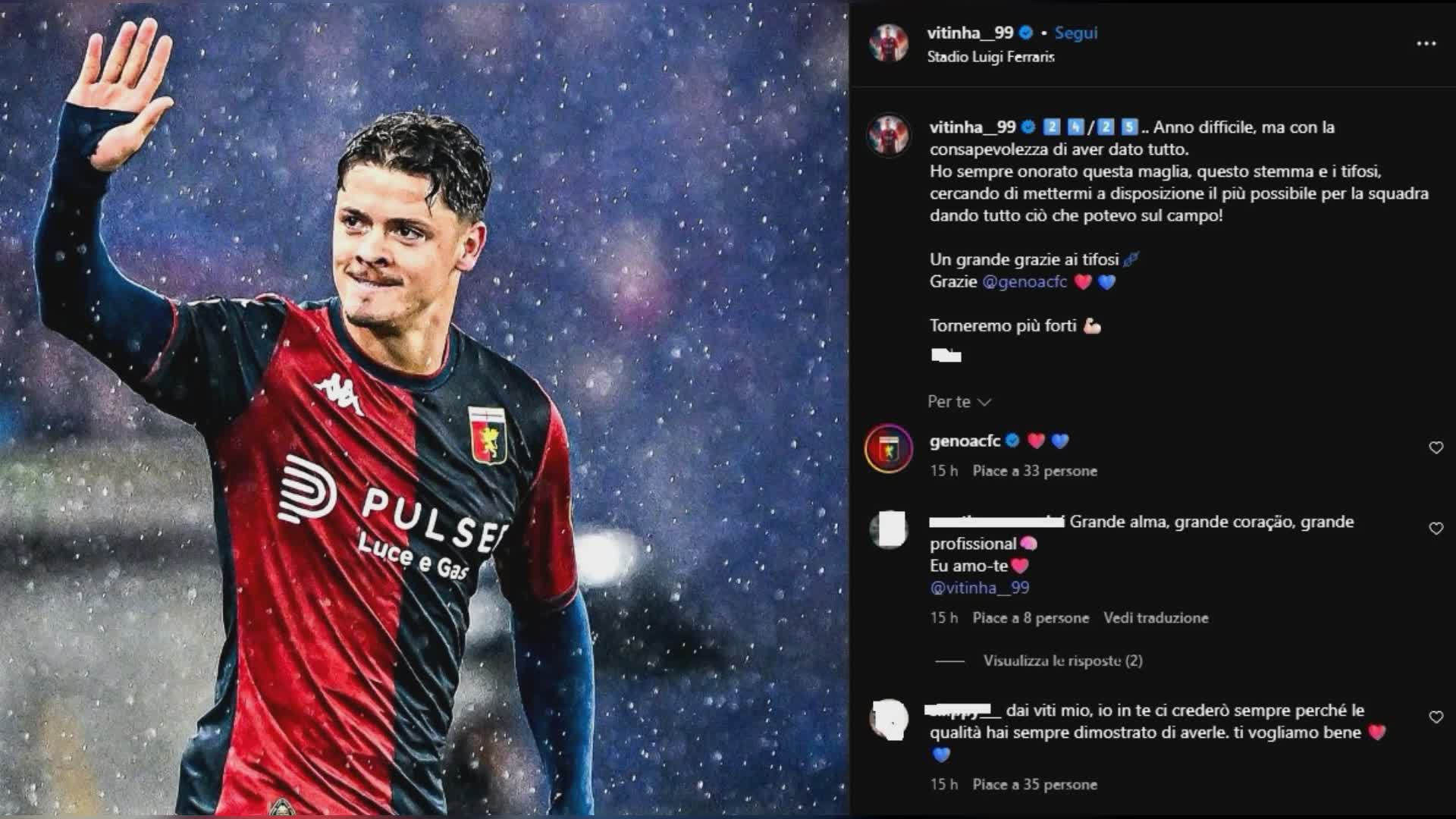 Genoa, dal Bologna a Bologna il riscatto di Vitinha: "Anno difficile, ma ho dato tutto"