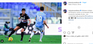 Sampdoria, Candreva social: "Con la Lazio avremmo meritato di più"