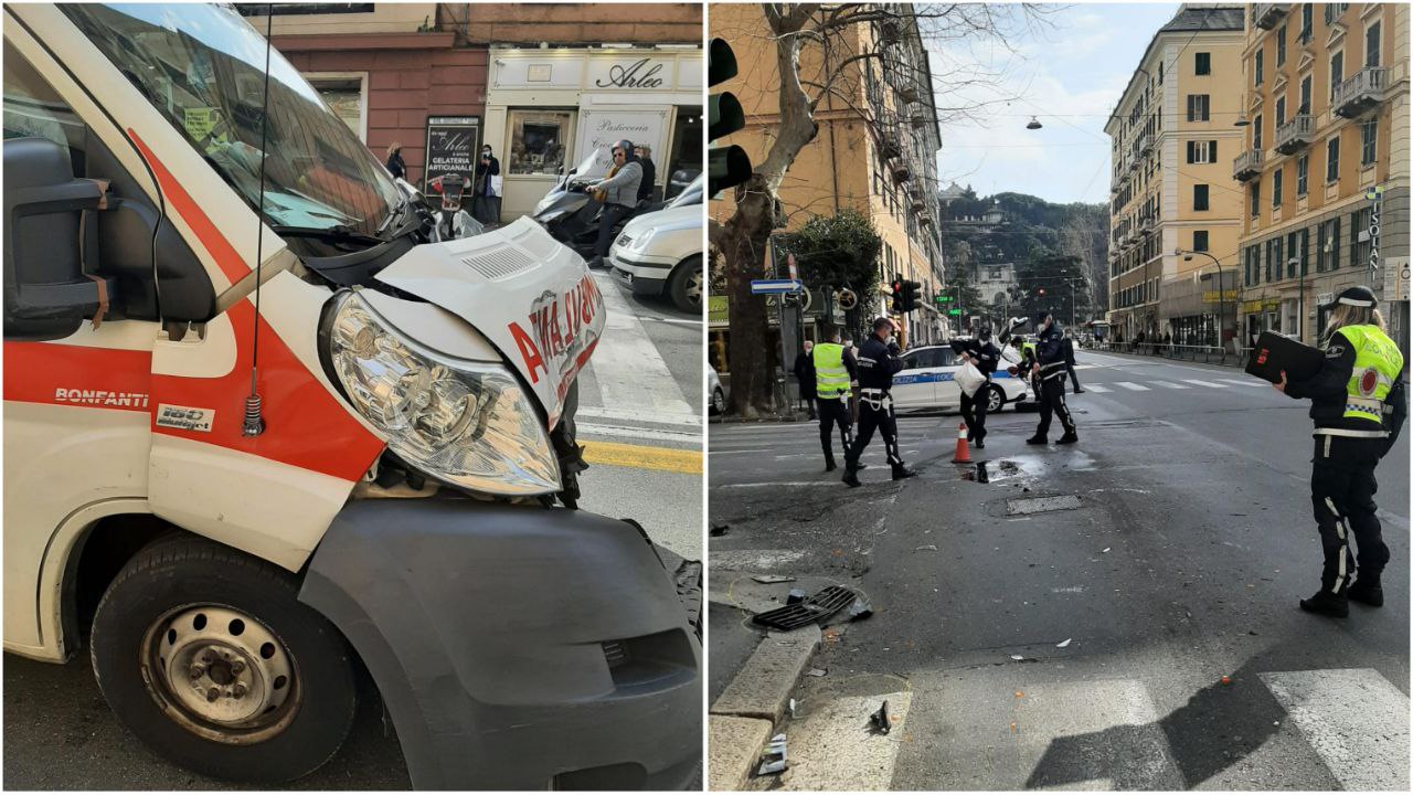 Genova, paura in corso Buenos Aires: violento scontro tra ambulanza e bus