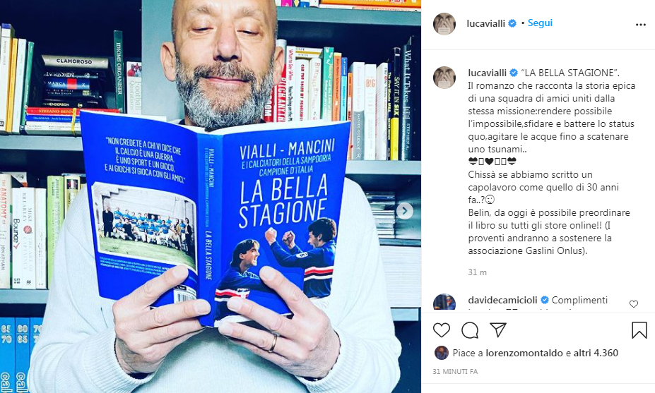 Sampdoria: Vialli presenta 'La bella stagione', il libro scritto con Mancini 