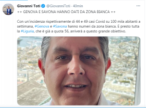 Toti su Twitter: "Genova e Savona ormai da zona bianca"
