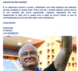 Sampdoria, la Federclubs ringrazia Ranieri: "Hai rispecchiato uno stile violato"