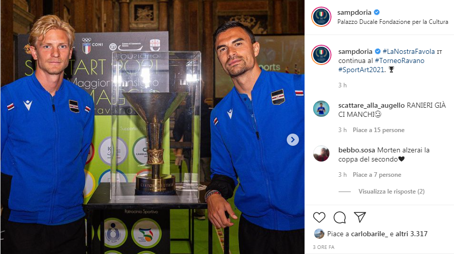 Sampdoria, scatto social di Thorsby e Audero con la 'Coppa dello Scudetto'