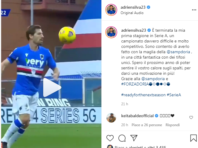 Sampdoria, Silva social: "Contento del mio primo anno in Serie A"