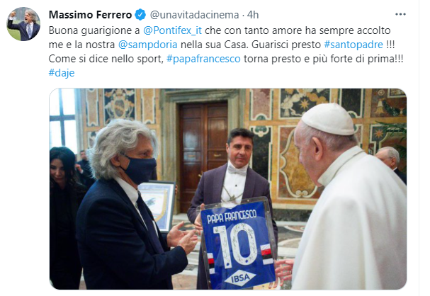 Sampdoria, Ferrero a Papa Francesco: "Buona guarigione, torna più forte di prima" 
