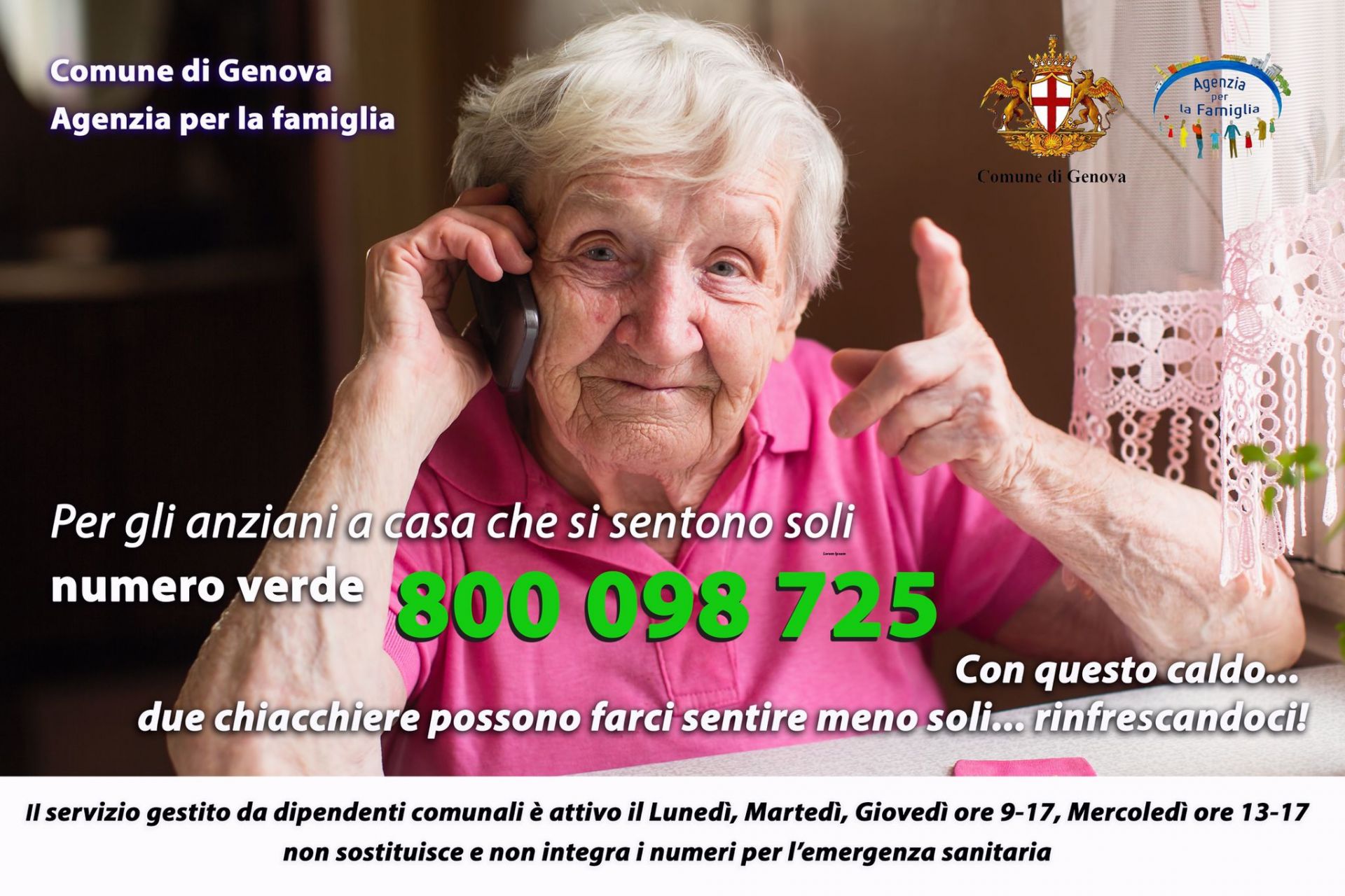 Genova, Il Comune istituisce un mumero verde anti solitudine per gli anziani 