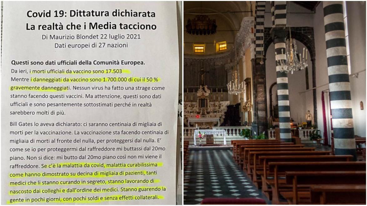 Volantino no vax tra i fogli in Chiesa a Monterosso: "Il vaccino non serve e produce morti"