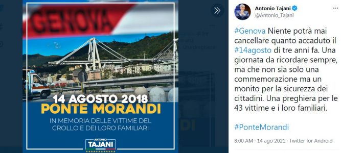 Ponte Morandi, Tajani: "Nulla potrà mai cancellare quella giornata"