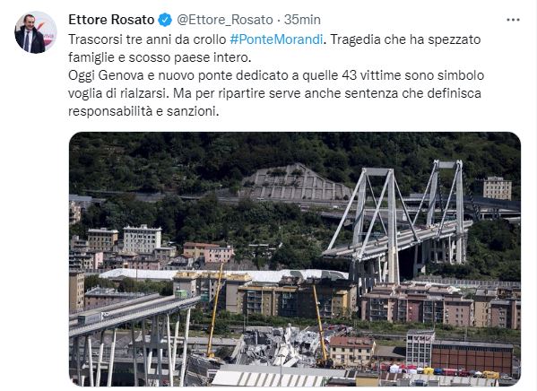 Anniversario Ponte Morandi, Rosato: "Sia simbolo ripartenza, ora giustizia"