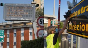 Coccarde nere e il messaggio di cordoglio sui pannelli luminosi: Aspi ricorda così le 43 vittime