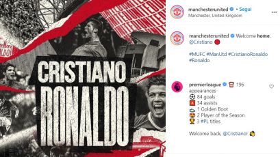 "Welcome Home, Cristiano": il post del Manchester Utd fa 12,7 milioni di like