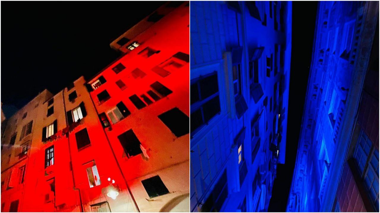 Genova, il centro storico si illumina di rosso e blu in onore di Garibaldi e dei jeans