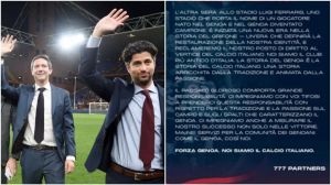 Genoa, la nuova lettera di 777 Partners: “Noi siamo il calcio italiano”