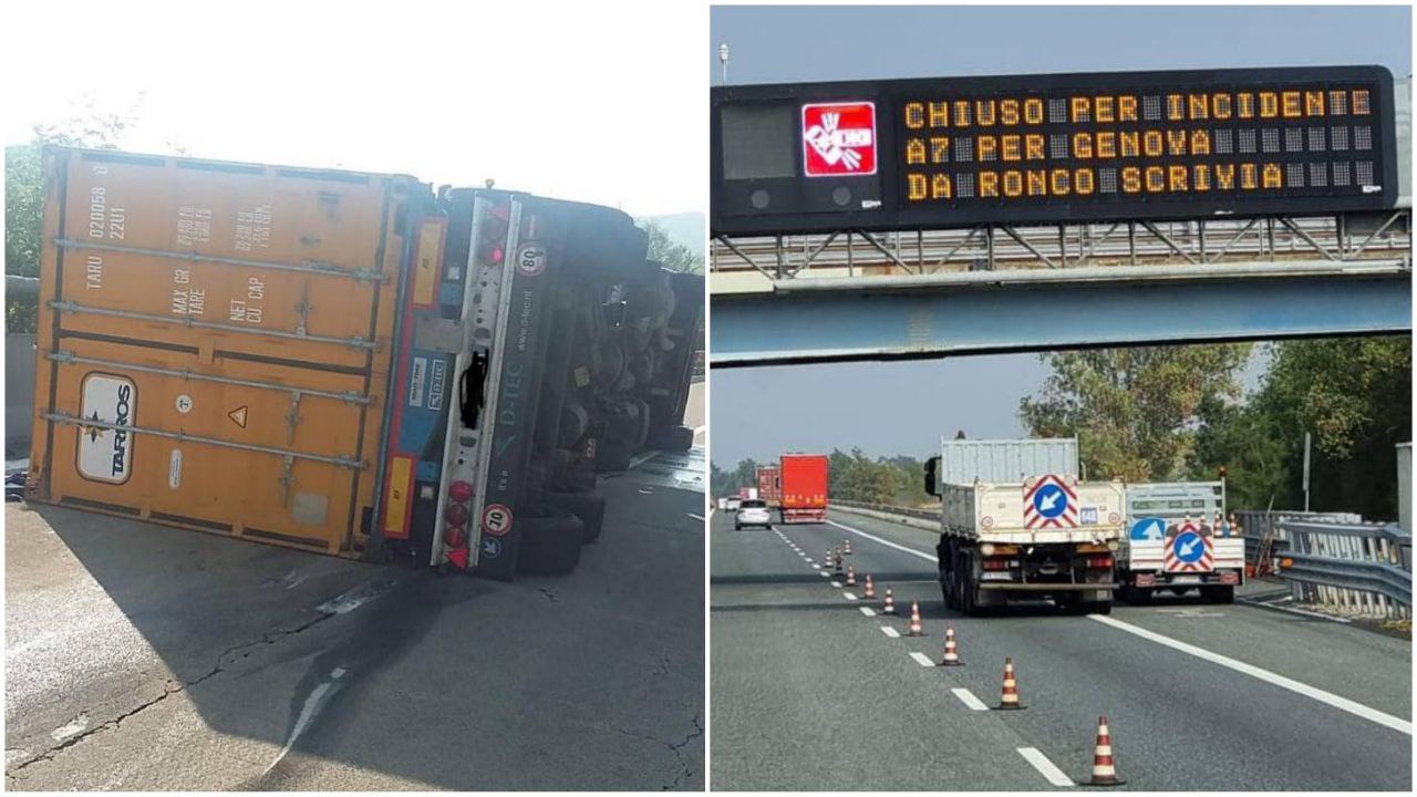 Incidente in A7, tir si ribalta tra Ronco Scrivia e Busalla: autostrada chiusa e poi riaperta