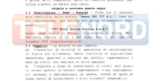 Genoa, il documento esclusivo verso il closing: nasce la 777 Italy Sports Holding S.p.A.