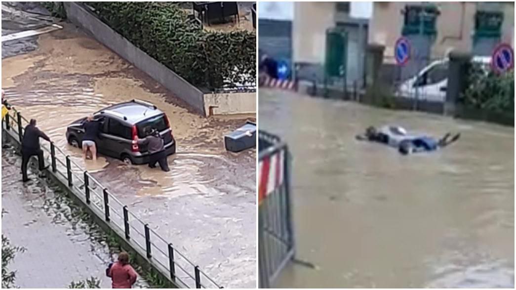 San Gottardo, pochi minuti di pioggia e un fiume d'acqua travolge scooter e bidoni