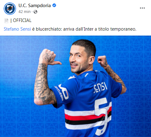 Sampdoria, ufficiale: Sensi in prestito dall'Inter sino a fine stagione