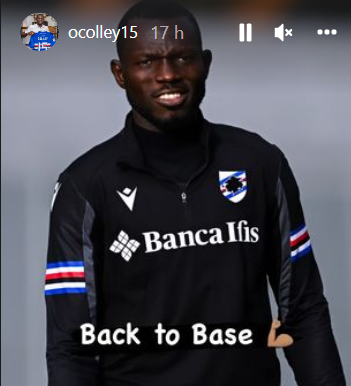 Sampdoria, Colley sui social: "Back to base"