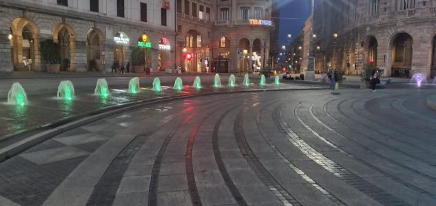 Genova, nuova illuminazione per la fontana di piazza De Ferrari con 43 faretti a led