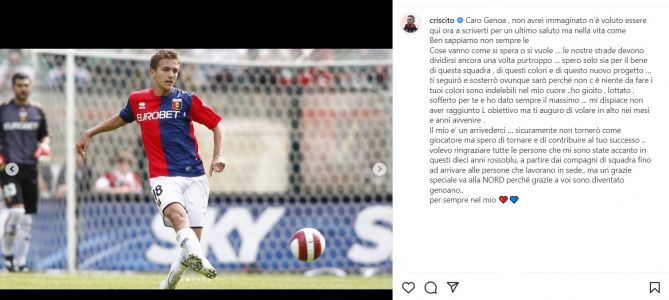 Genoa, l'addio social di Mimmo Criscito: "Spero solo sia per il bene di questa squadra e di questo nuovo progetto"