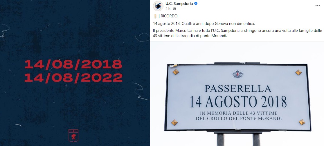 Crollo Morandi, quattro anni dopo: anche Genoa e Sampdoria ricordano le vittime