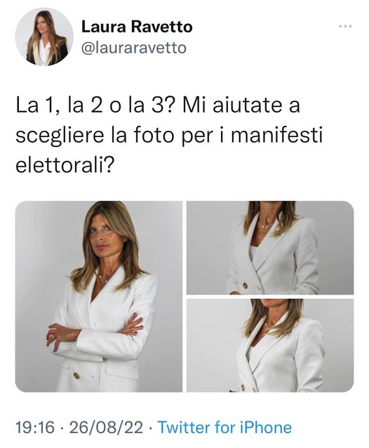Elezioni 25 settembre, Ravetto (Lega) e la richiesta su Twitter: "Mi aiutate a scegliere la foto per i manifesti elettorali?"