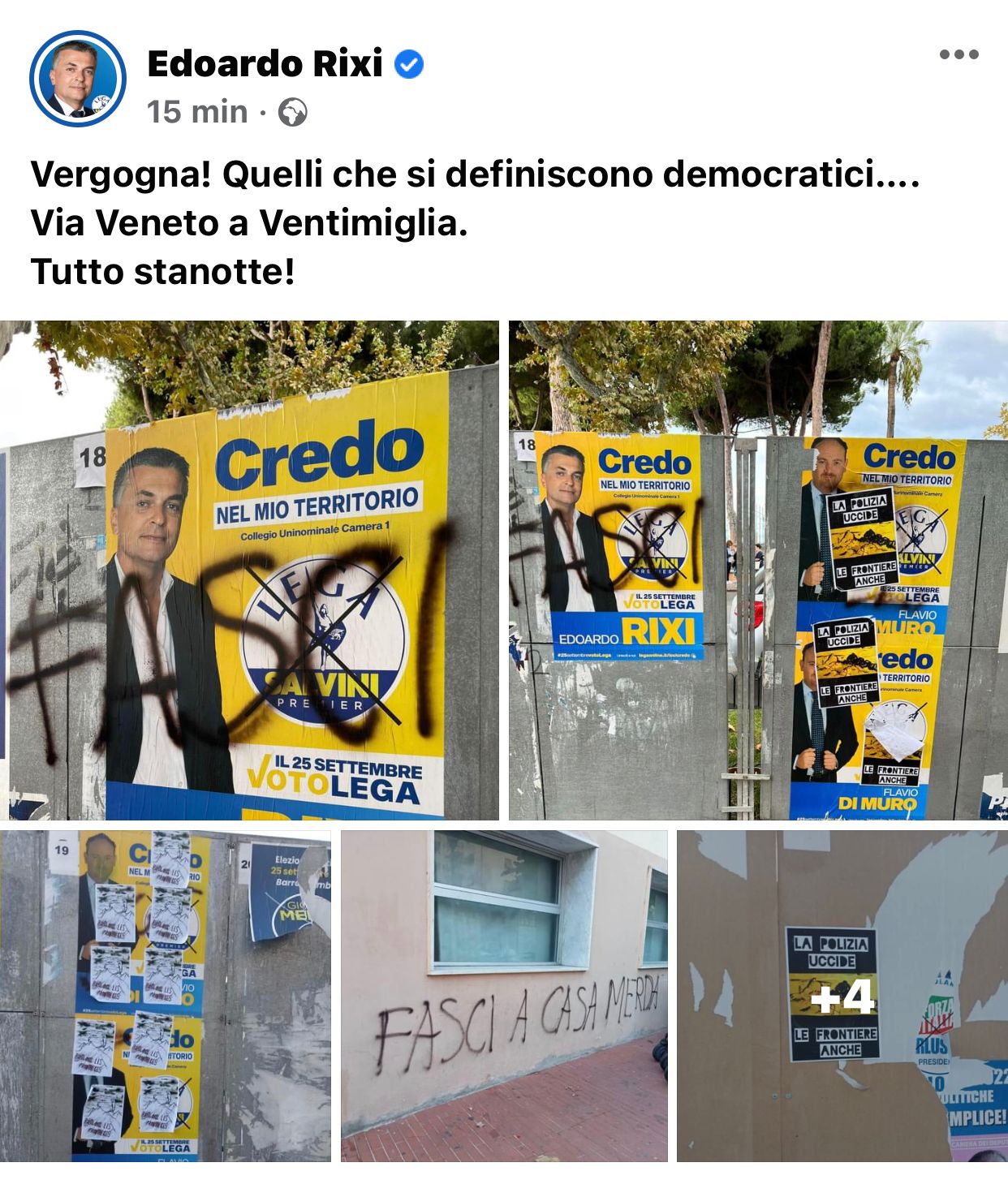 Elezioni, atti vandalici a Ventimiglia: scritte "fasci" sui manifesti della Lega