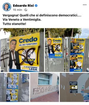 Elezioni, atti vandalici a Ventimiglia: scritte "fasci" sui manifesti della Lega