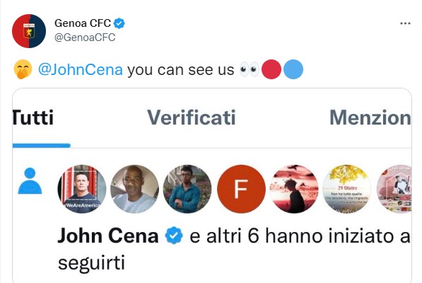 Genoa, un follower d'eccezione: è il wrestler John Cena