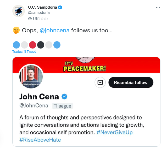 Sampdoria, il wrestler John Cena segue anche i blucerchiati: ecco il tweet della società