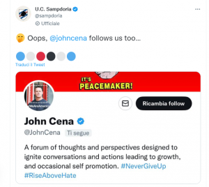 Sampdoria, il wrestler John Cena segue anche i blucerchiati: ecco il tweet della società