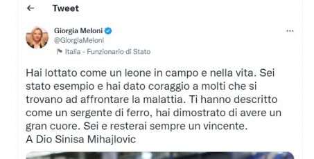 Morte Mihajlovic, anche Giorgia Meloni ricorda il serbo: "Hai lottato come un leone, resterai un vincente"