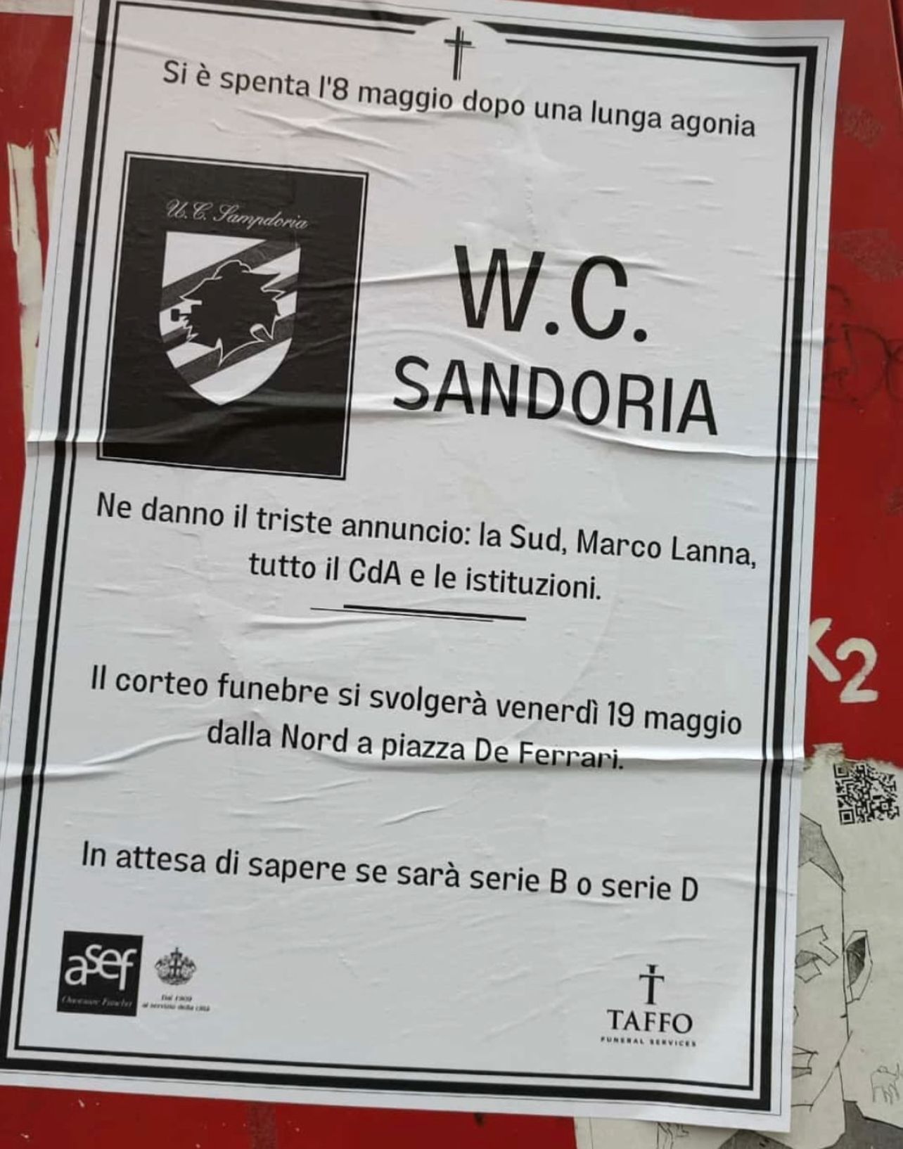 Genoa, il 'funerale' della Sampdoria nel mirino di Asef: "Sui manifesti usato indebitamente il nostro logo, faremo causa"