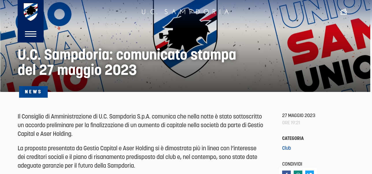 Sampdoria, il Cda: "Sottoscritto un contratto preliminare con Gestio Capital e Aser Holding per l'aumento di capitale"