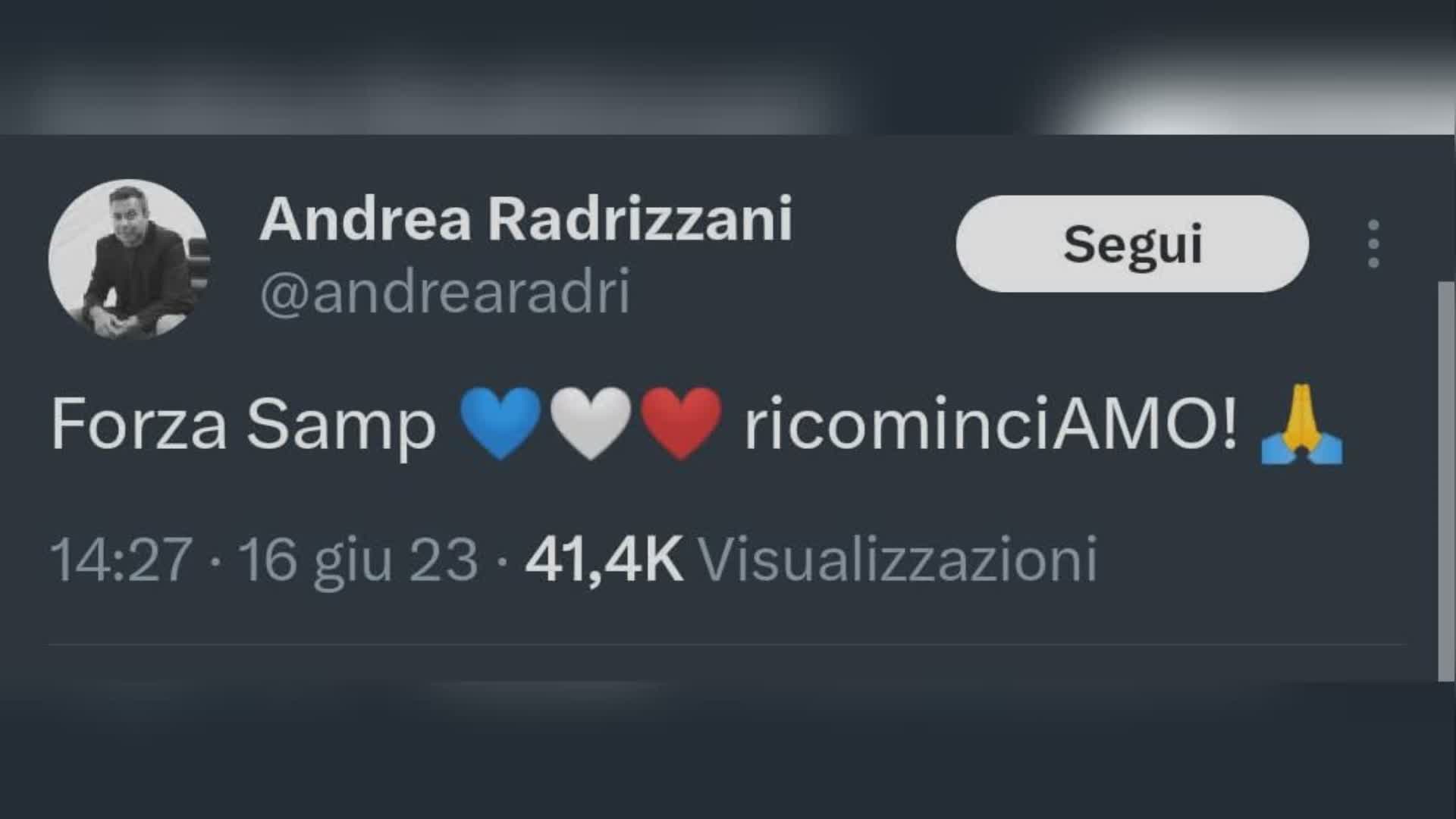 Sampdoria, Radrizzani esulta: "Forza Samp, ricominciAMO"