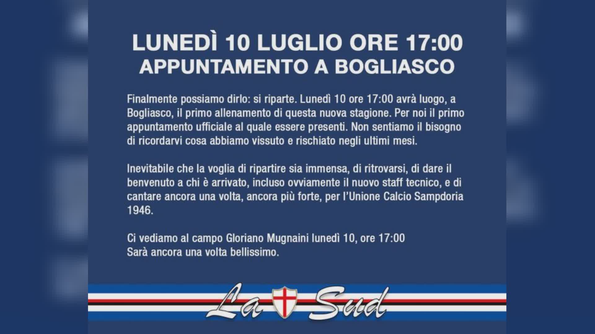 Sampdoria, lunedì gli Ultras a Bogliasco per il raduno della squadra