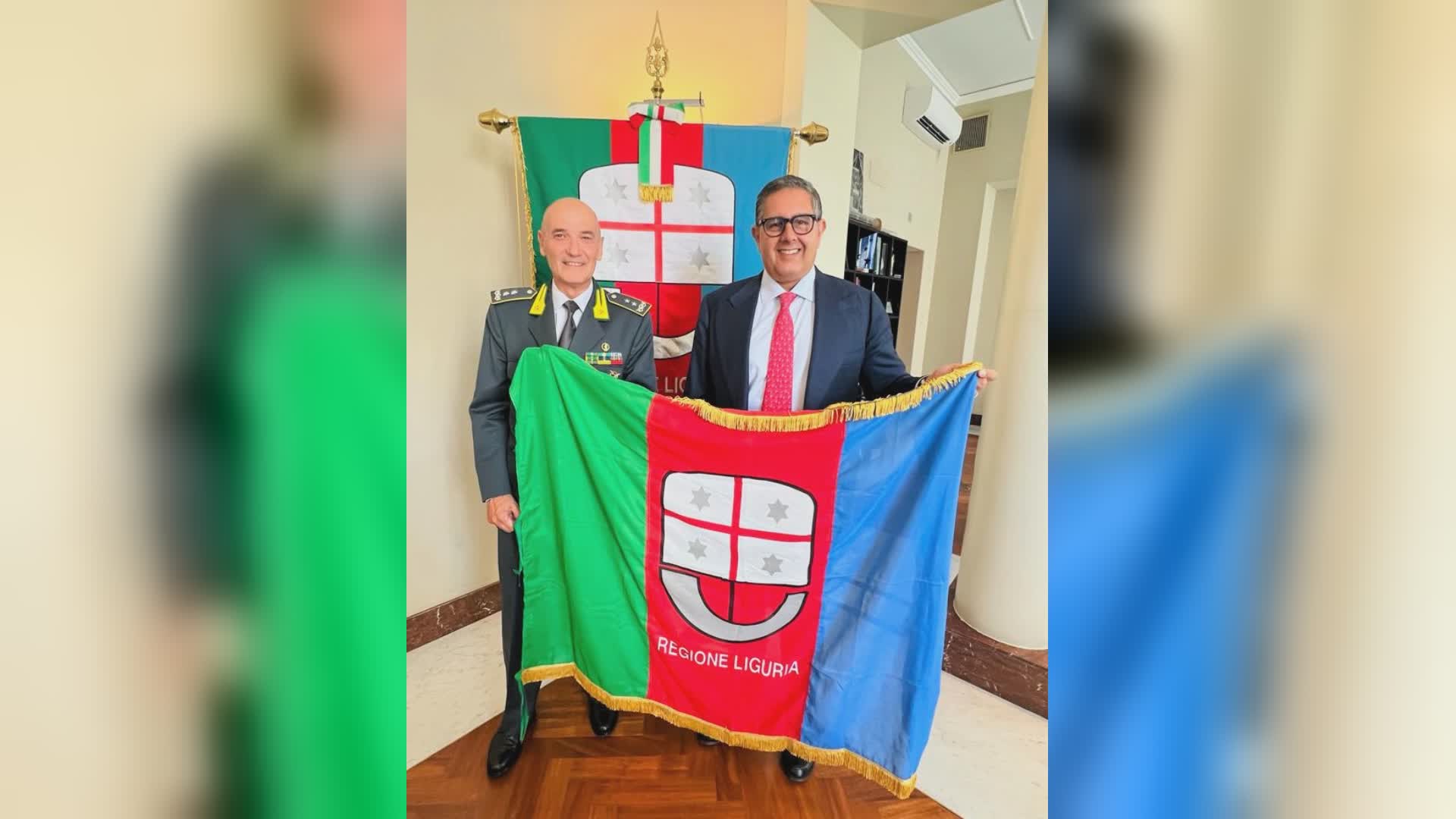 Liguria, il presidente Toti incontra il nuovo comandante della Guardia di Finanza: donata anche la bandiera della Regione