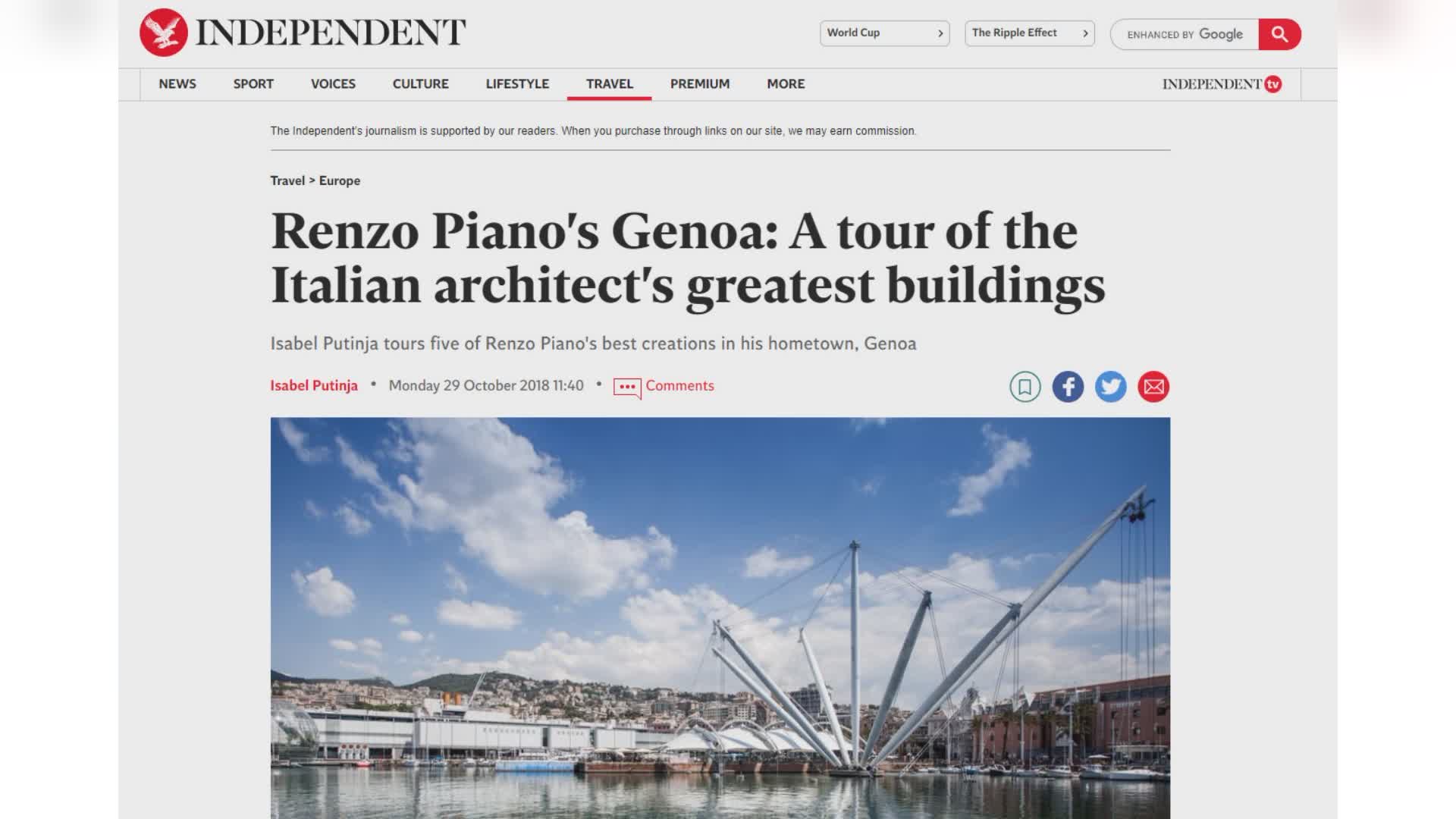 Genova, che sorpresa: il quotidiano britannico "The Independent" celebra i luoghi di Renzo Piano in città