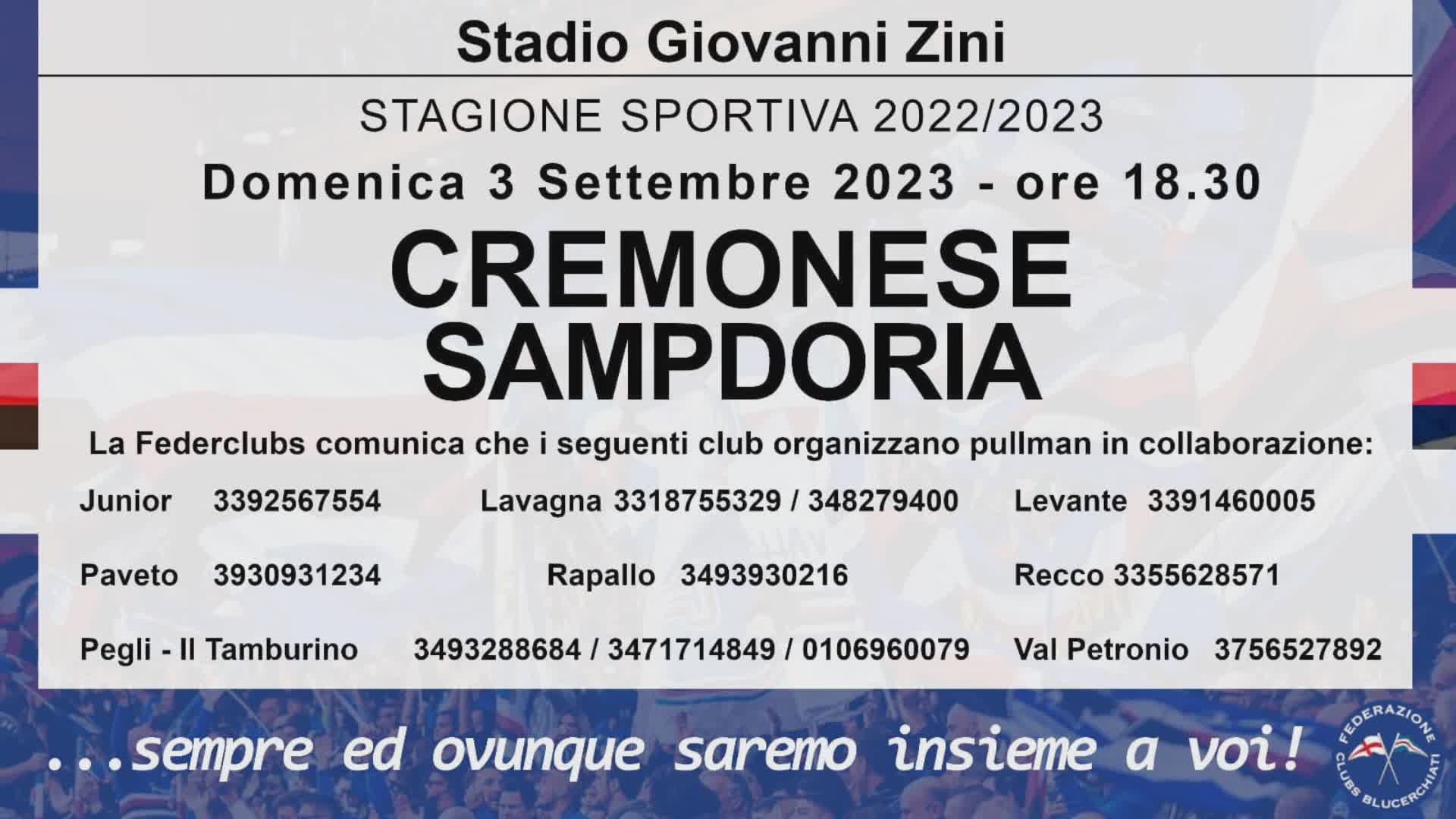 Sampdoria, carovana di pullman per Cremona. Trasferta aperta solo ai possessori di tessera del tifoso