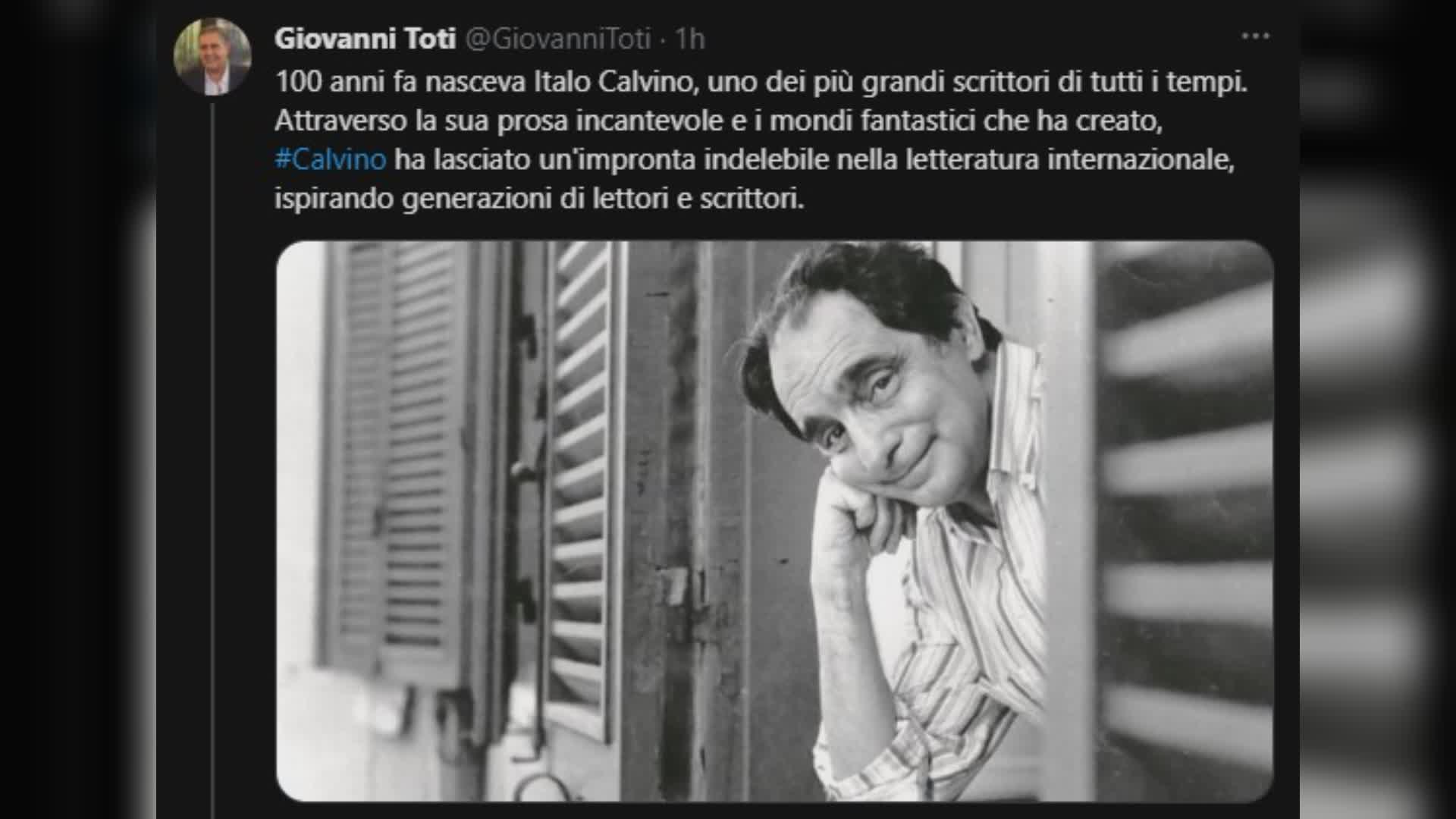 Cento anni dalla nascita di Italo Calvino, il governatore Toti: "Ha ispirato generazioni di lettori e scrittori"