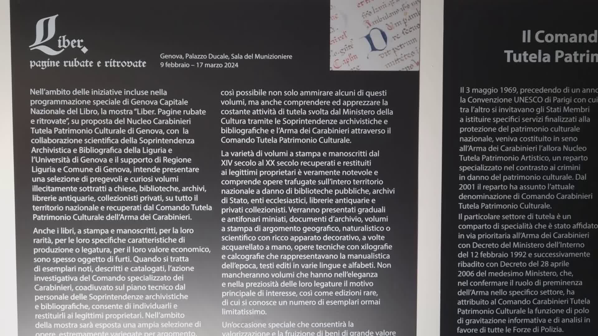 Genova, al Ducale "Liber. Pagine rubate e ritrovate" con i preziosi volumi rubati e ritrovati dai carabinieri