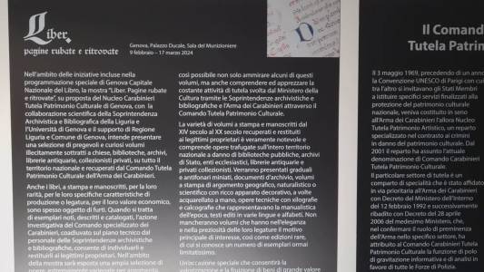 Genova, al Ducale "Liber. Pagine rubate e ritrovate" con i preziosi volumi rubati e ritrovati dai carabinieri