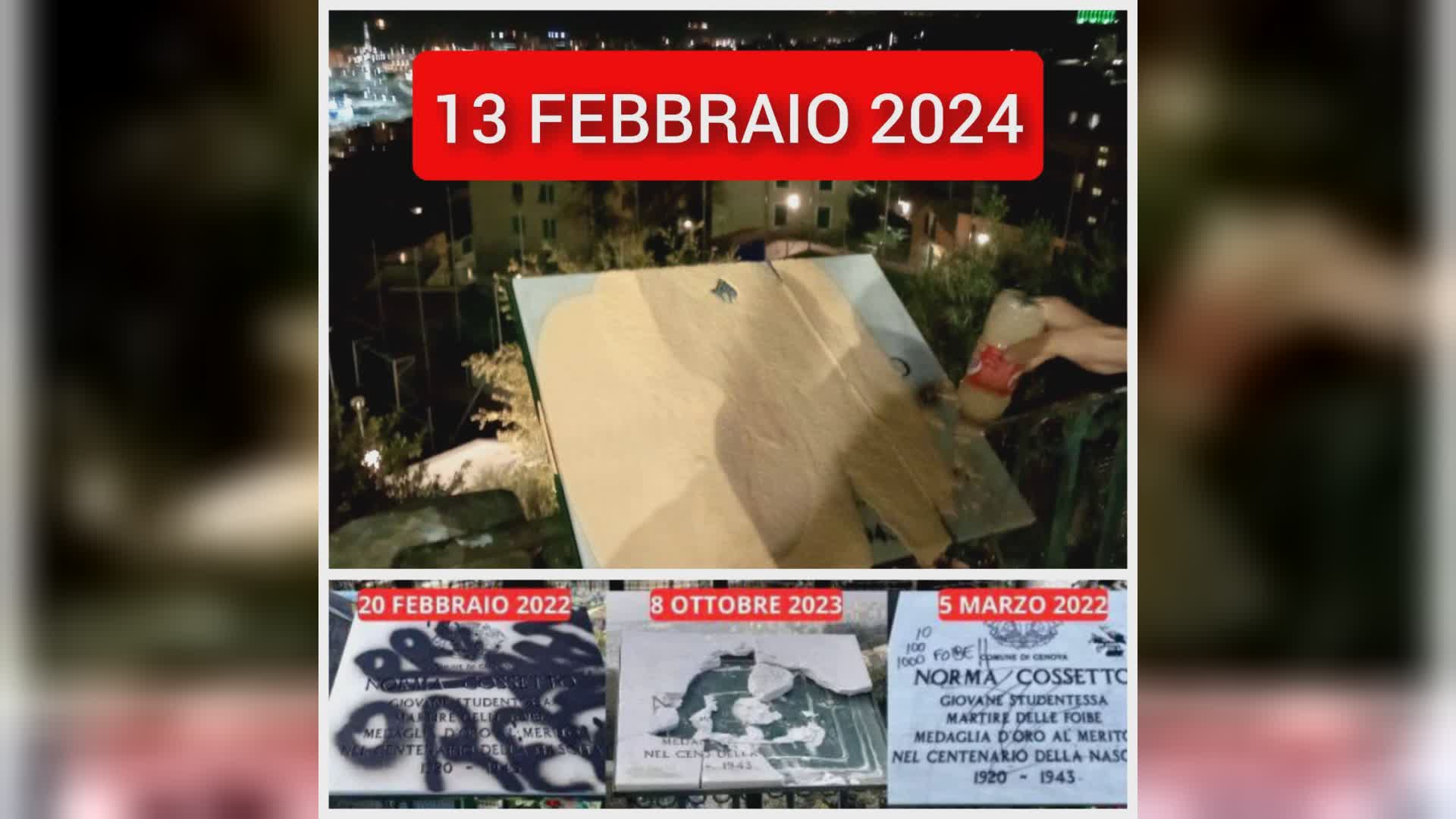 Genova, ancora imbrattata la targa per la Cossetto, Corso (Lega): "Criminali che si fanno scudo con l'antifascismo"