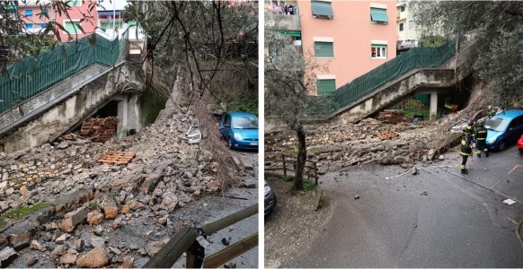 Genova: maltempo, crolla muro adiacente alla scala esterna scuola "D'Albertis" in via Amarena