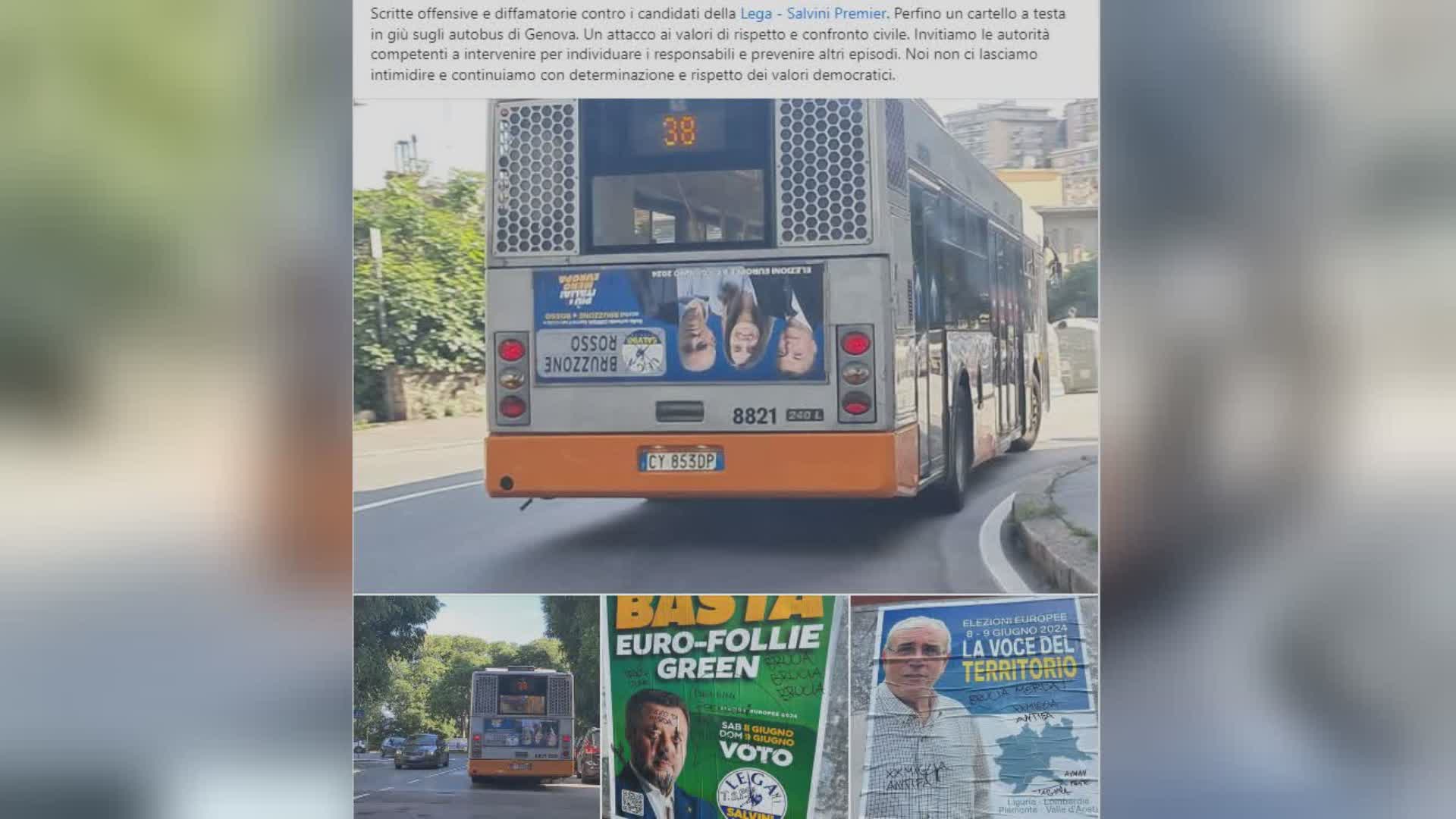 Genova, manifesto dei candidati Lega a testa in giu' su autobus. Il viceministro Rixi: "Attacco ai valori di rispetto e confronto civile"