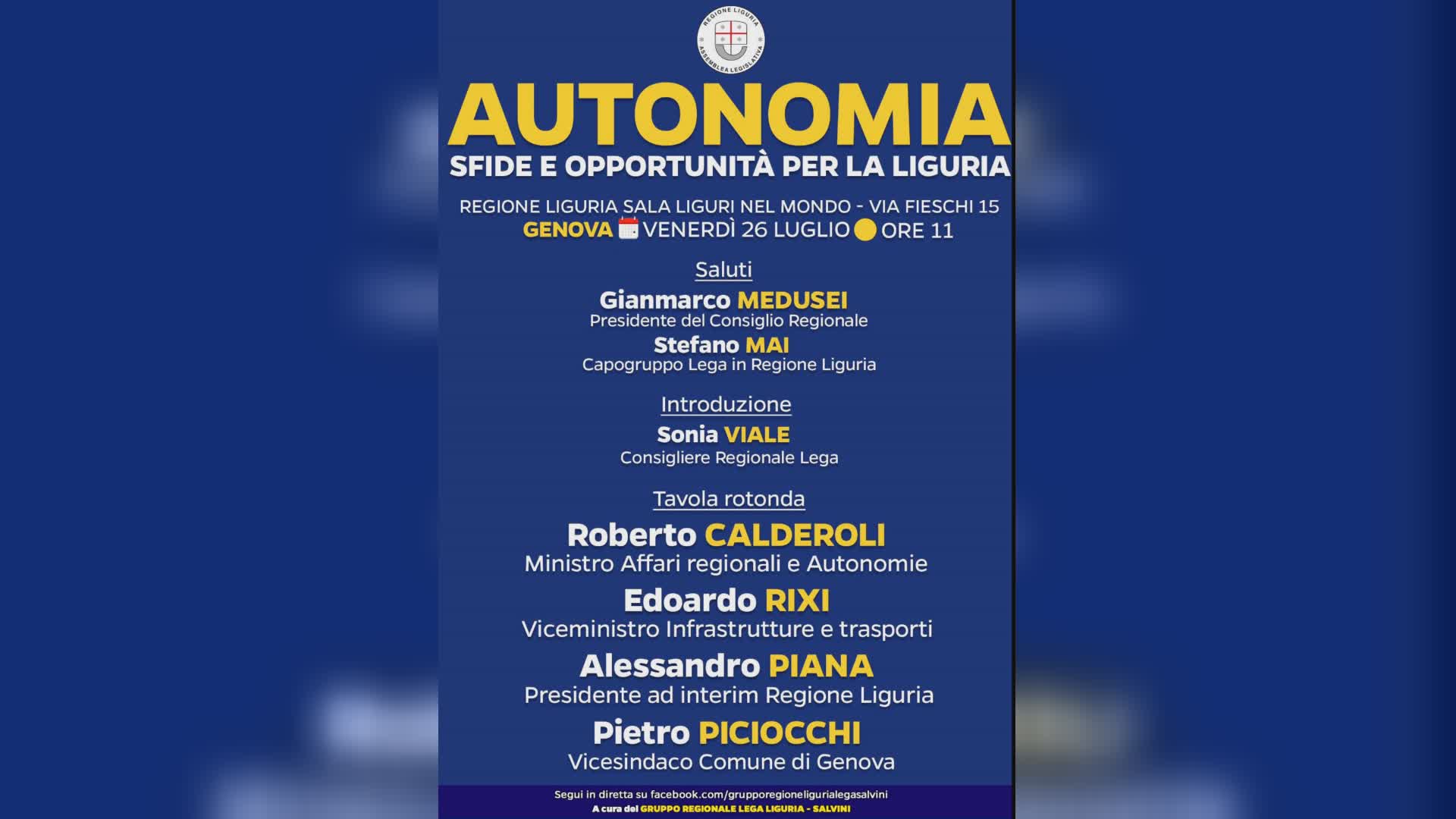 Liguria, autonomia: convegno Lega con Rixi e Calderoli il 26 luglio in Regione